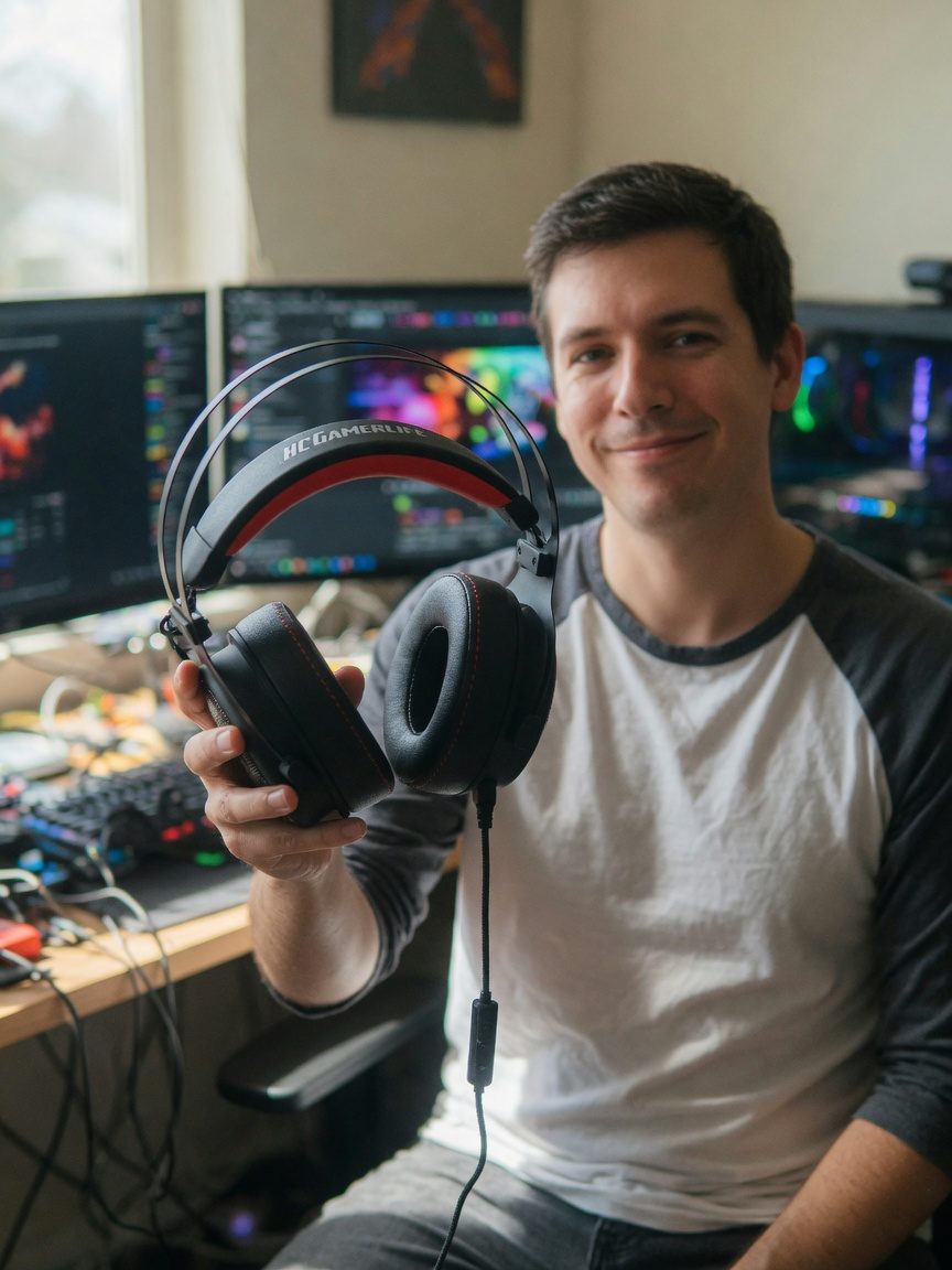 Creator holding the HCG1 at a streaming desk