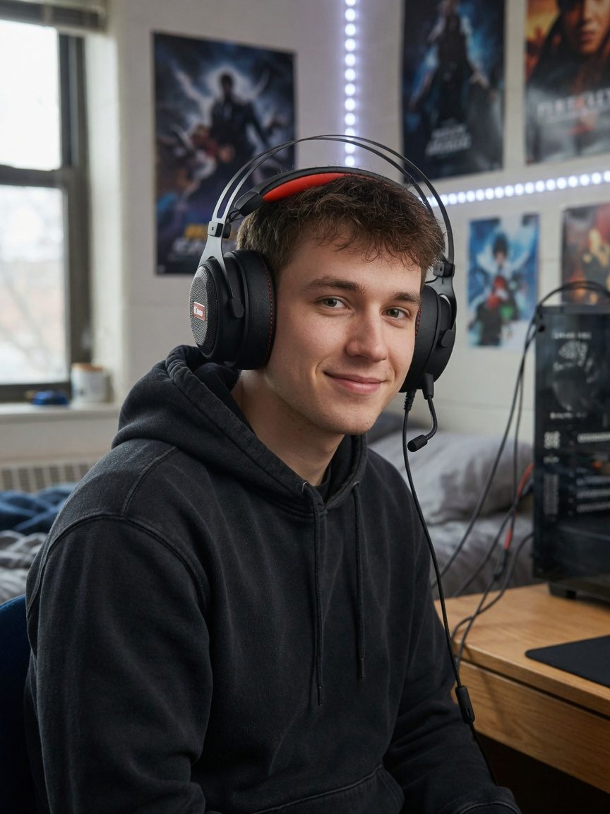 College gamer wearing the HCG1 at a PC desk