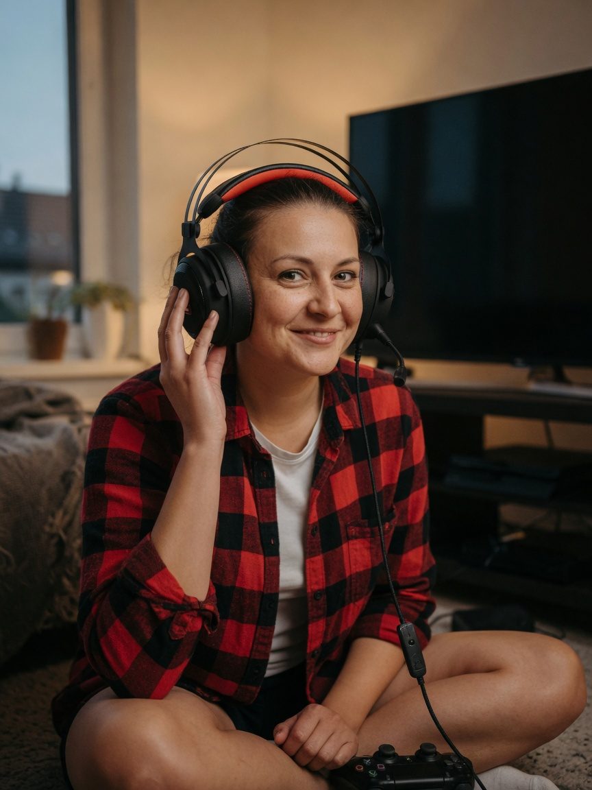 Couch gamer putting on the HCG1 in front of a TV